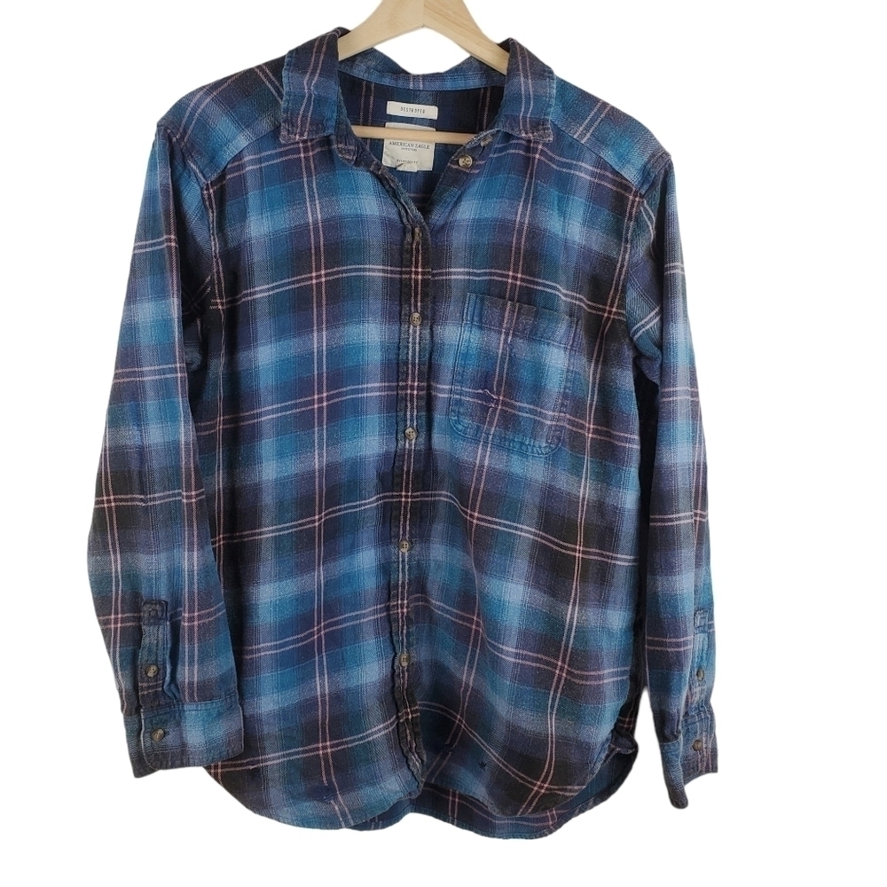 AMERICAN Eagle Flannel Button Up Shirt Womens Small Destroyed Blue Pink Plaid